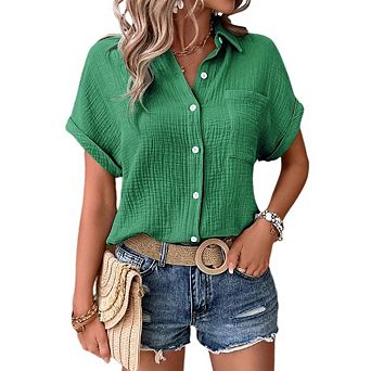 Women's Button-Down Gauze Shirt Short Sleeve Casual Collared Blouse