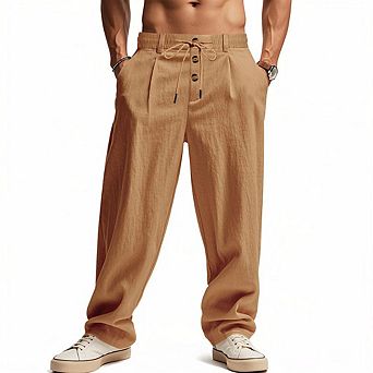 Men's Linen Blend Drawstring Waist Pants Pleated Wide Leg Casual Trousers with Button Detail