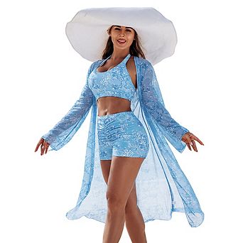 3 pc Swimsuit Set.Printed Halter Tankini Top with High Waist Boyshorts Long Sleeve Cover-Up