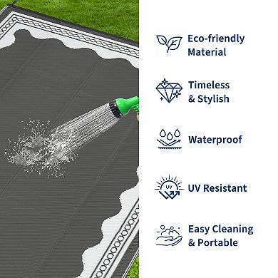 Reversible Waterproof Outdoor Rug, UV Resistant Scalloped Plastic Mat with Carry Bag for Patio Deck
