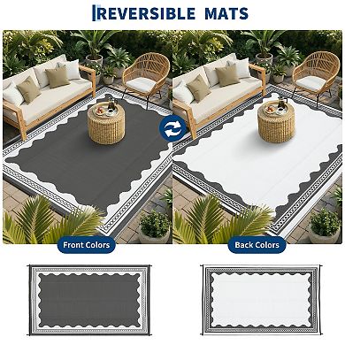 Reversible Waterproof Outdoor Rug, UV Resistant Scalloped Plastic Mat with Carry Bag for Patio Deck