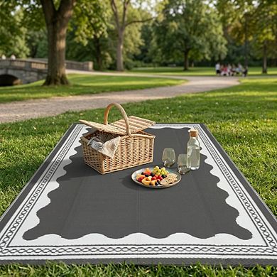 Reversible Waterproof Outdoor Rug, UV Resistant Scalloped Plastic Mat with Carry Bag for Patio Deck