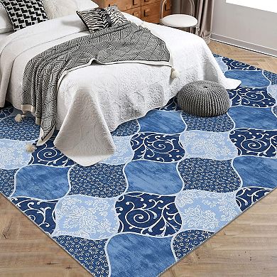 Modern Geometric Trellis Area Rug - Washable Low-Pile Non-Slip Carpet - Soft Neutral Farmhouse