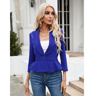 Womens 3/4 Sleeve Ruffled Hem Casual Blazer Open Front Work Office Bolero Slim Cropped Suit Jacket
