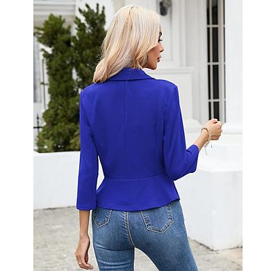 Womens 3/4 Sleeve Ruffled Hem Casual Blazer Open Front Work Office Bolero Slim Cropped Suit Jacket