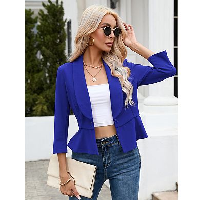 Womens 3/4 Sleeve Ruffled Hem Casual Blazer Open Front Work Office Bolero Slim Cropped Suit Jacket