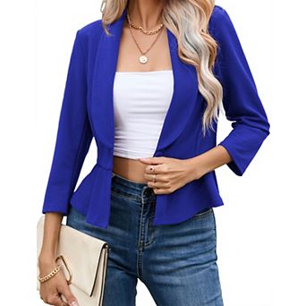 Womens 3/4 Sleeve Ruffled Hem Casual Blazer Open Front Work Office Bolero Slim Cropped Suit Jacket