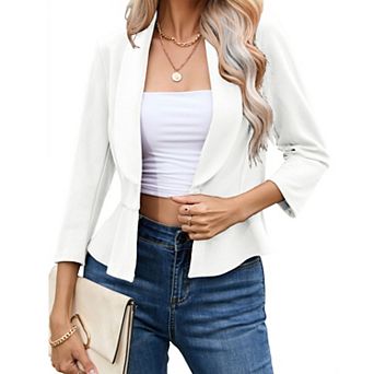 Womens 3/4 Sleeve Ruffled Hem Casual Blazer Open Front Work Office Bolero Slim Cropped Suit Jacket