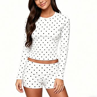 Women's Casual 2 pc Polka Dot Set Long Sleeve Top and Fold-Over Waist Shorts
