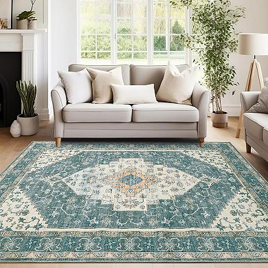 Boho Traditional Washable Runner Rug, Vintage Medallion Print CarpetFoldable Non-Shedding Mat