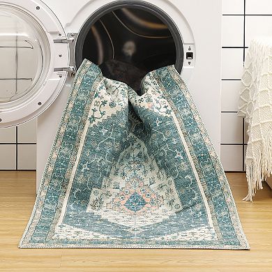 Boho Traditional Washable Runner Rug, Vintage Medallion Print CarpetFoldable Non-Shedding Mat