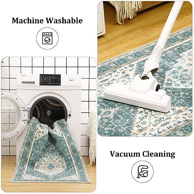 Boho Traditional Washable Runner Rug, Vintage Medallion Print CarpetFoldable Non-Shedding Mat