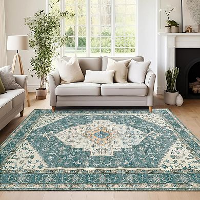 Boho Traditional Washable Runner Rug, Vintage Medallion Print CarpetFoldable Non-Shedding Mat