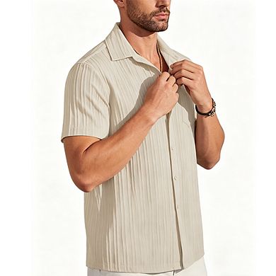 Men's Textured Short Sleeve Button-Down Shirt Camp Collar Casual Summer Shirt with Pocket