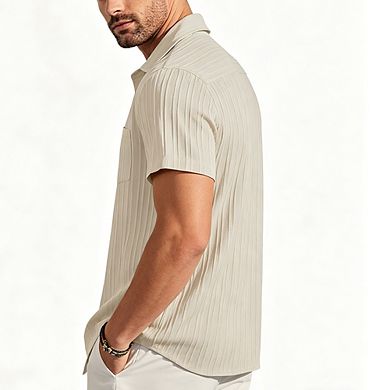 Men's Textured Short Sleeve Button-Down Shirt Camp Collar Casual Summer Shirt with Pocket