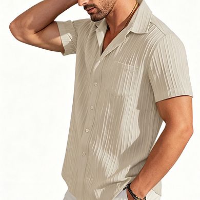 Men's Textured Short Sleeve Button-Down Shirt Camp Collar Casual Summer Shirt with Pocket
