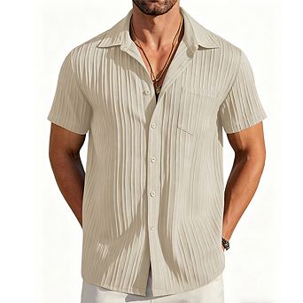 Men's Textured Short Sleeve Button-Down Shirt Camp Collar Casual Summer Shirt with Pocket