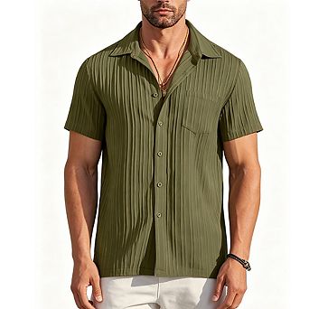 Men's Textured Short Sleeve Button-Down Shirt Camp Collar Casual Summer Shirt with Pocket