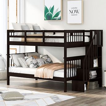 Stair-type bunk bed with storage space and guardrail