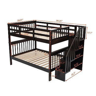 Stair-type bunk bed with storage space and guardrail
