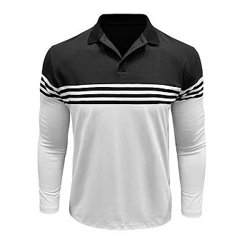 Men's Long Sleeve Striped Classic Collared Casual Polo Shirt