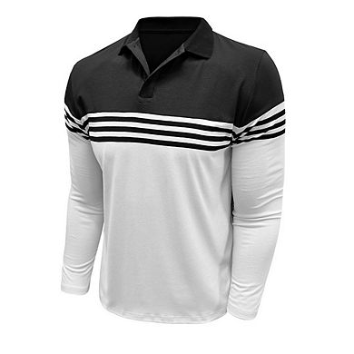 Men's Long Sleeve Striped Classic Collared Casual Polo Shirt