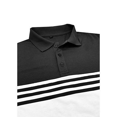 Men's Long Sleeve Striped Classic Collared Casual Polo Shirt