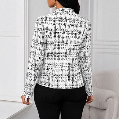 Womens Open Front Tweed Blazer Plaid Notch Collar Lined Trendy Work Office Long Sleeve Jacket