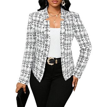 Womens Open Front Tweed Blazer Plaid Notch Collar Lined Trendy Work Office Long Sleeve Jacket