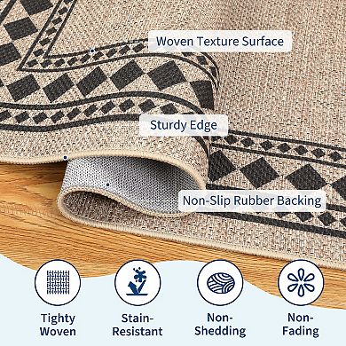 Modern Non-Slip Washable Jute Area Rug Geometric Bordered Carpet Soft, Non-Shedding
