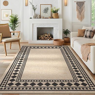 Modern Non-Slip Washable Jute Area Rug Geometric Bordered Carpet Soft, Non-Shedding