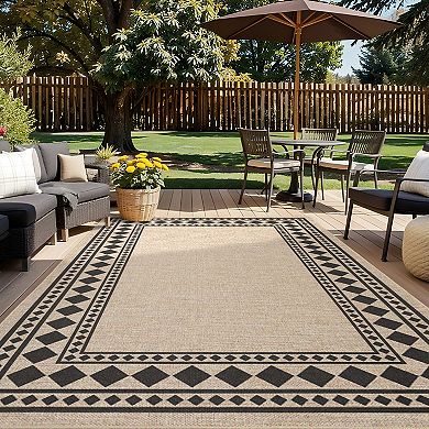 Modern Non-Slip Washable Jute Area Rug Geometric Bordered Carpet Soft, Non-Shedding