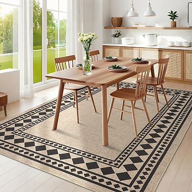 Modern Non-Slip Washable Jute Area Rug Geometric Bordered Carpet Soft, Non-Shedding