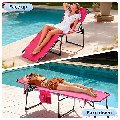 Weather Resistant Outdoor Chaise Lounge, Folding 5-Position Tanning Chair with Face Hole, Pillow