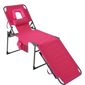 Weather Resistant Outdoor Chaise Lounge, Folding 5-Position Tanning Chair with Face Hole, Pillow