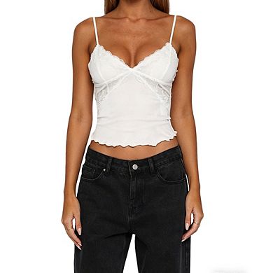 Women's Casual Mesh Camisole V-Neck Lace Trim Spaghetti Strap Top with Scalloped Hem