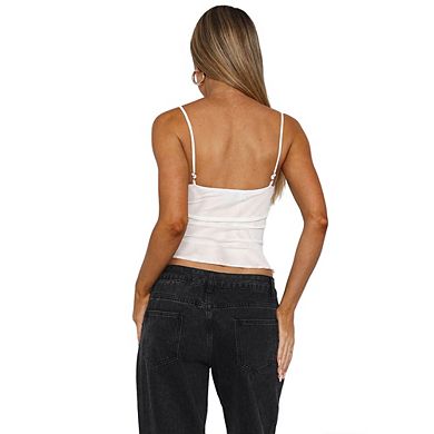 Women's Casual Mesh Camisole V-Neck Lace Trim Spaghetti Strap Top with Scalloped Hem