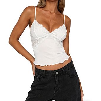 Women's Casual Mesh Camisole V-Neck Lace Trim Spaghetti Strap Top with Scalloped Hem