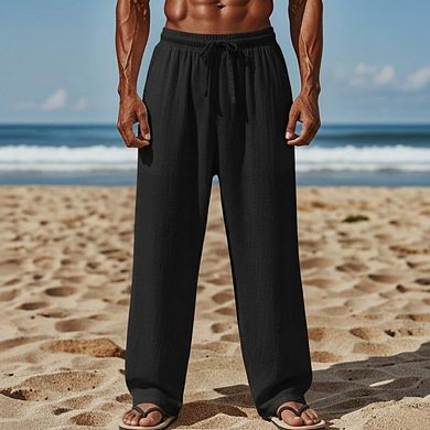Mens Casual Loose Fit Elastic Drawstring Waist Straight-Legs Beach Long Pants