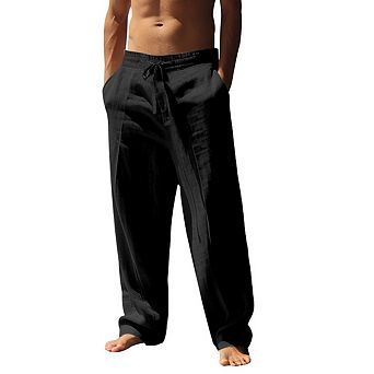 Mens Casual Loose Fit Elastic Drawstring Waist Straight-Legs Beach Long Pants