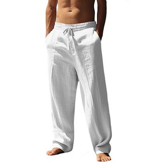 Mens Casual Loose Fit Elastic Drawstring Waist Straight-Legs Beach Long Pants