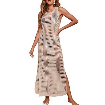 Women's Crochet Knit Cover Up Dress Sleeveless Beach Maxi Dress with Side Slit Casual Summer Coverup