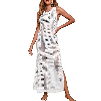 Women's Crochet Knit Cover Up Dress Sleeveless Beach Maxi Dress with Side Slit Casual Summer Coverup