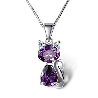 Silver Cat Necklace with Amethyst Pendant
