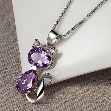Silver Cat Necklace with Amethyst Pendant