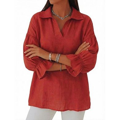 Women's 3/4 Puff Sleeve V Neck Collared Blouse Casual Loose Fit Tunic Top