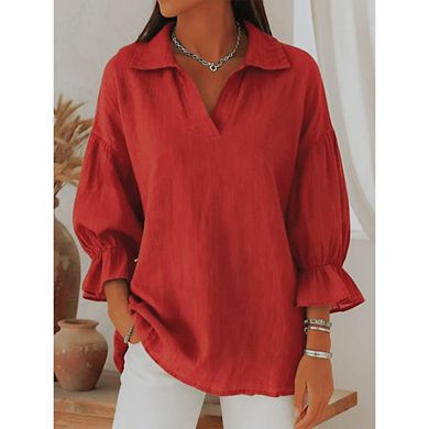 Women's 3/4 Puff Sleeve V Neck Collared Blouse Casual Loose Fit Tunic Top