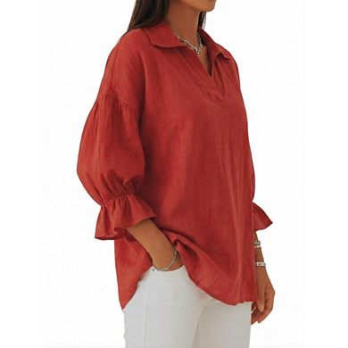 Women's 3/4 Puff Sleeve V Neck Collared Blouse Casual Loose Fit Tunic Top