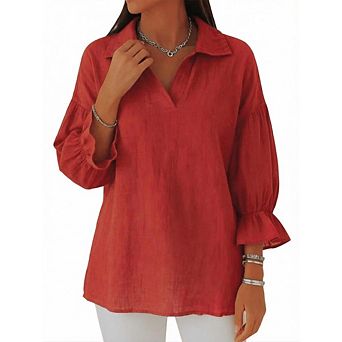 Women's 3/4 Puff Sleeve V Neck Collared Blouse Casual Loose Fit Tunic Top