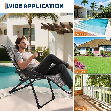 Modern Rattan Outdoor Folding Lounge Chair, Breathable Fabric Seat Adjustable Recliner